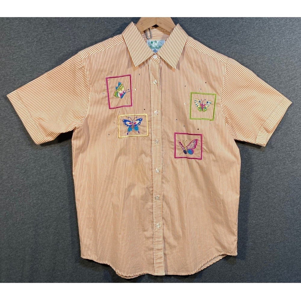 The Quacker Factory Orange Stripe Butterfly Button Up Shirt Women's Small - Picture 2 of 14